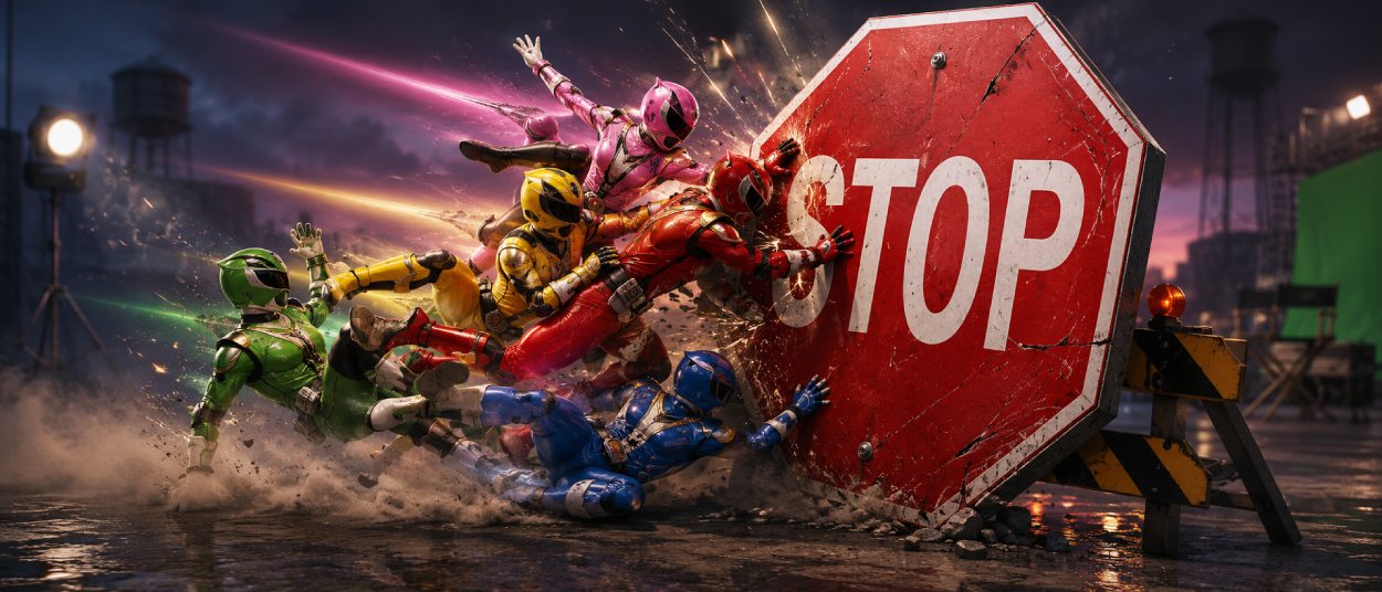 Fünf bunt kostümierte Superheldenfiguren in Sentai-Optik krachen dynamisch gegen ein großes rotes Stoppschild vor hellem Hintergrund.