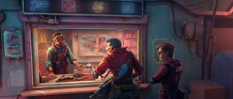 In einem schummrigen Cyberpunk-Laden verhandelt ein bewaffneter Kunde mit einem Händler hinter dem Tresen, während rechts eine gepanzerte Sicherheitskraft wartet.
