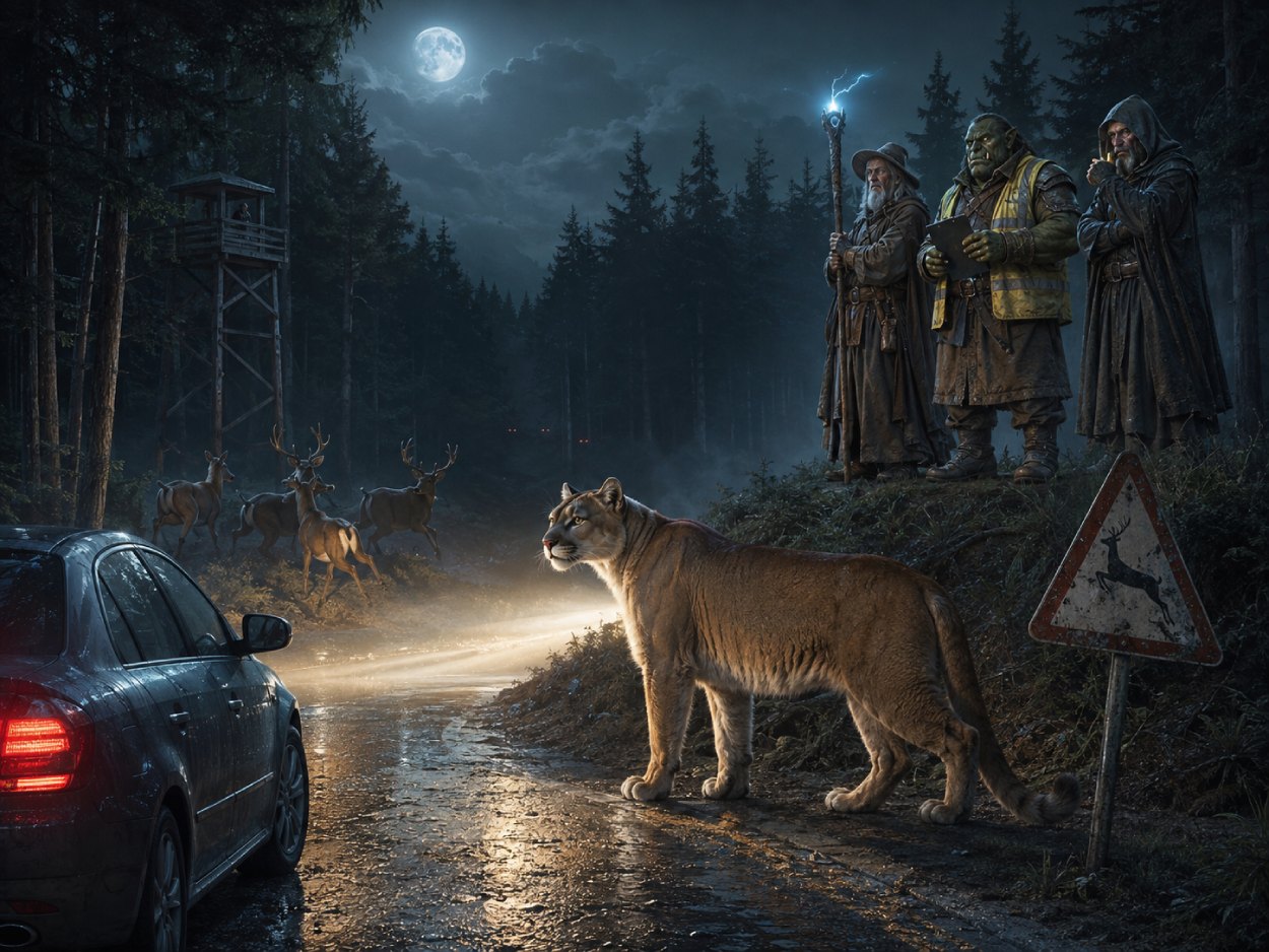 Ein Puma steht nachts am Rand einer Landstraße im Wald, während mehrere Rehe erschrocken im Hintergrund zurückweichen. Auf einem Hügel beobachten zwei Magier und ein Ork die Szene.