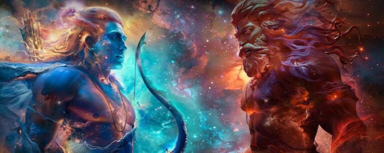 Rama steht links mit blau leuchtender Haut und einem gebogenen Bogen dem rot und orange leuchtenden Ravana vor einem kosmischen Hintergrund gegenüber.