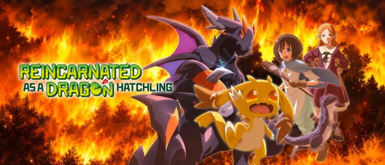Ein kleiner orangefarbener Drache läuft erschrocken vor mehreren größeren Drachen und drei menschlichen Figuren davon, während hinter ihnen Flammen aufsteigen.