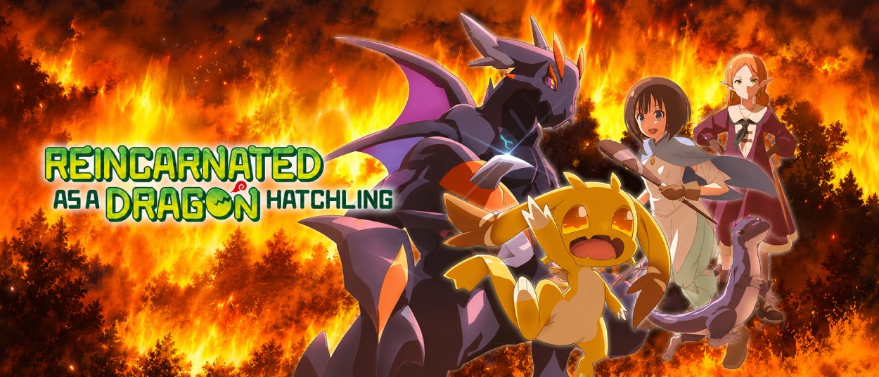 Ein kleiner orangefarbener Drache läuft erschrocken vor mehreren größeren Drachen und drei menschlichen Figuren davon, während hinter ihnen Flammen aufsteigen.