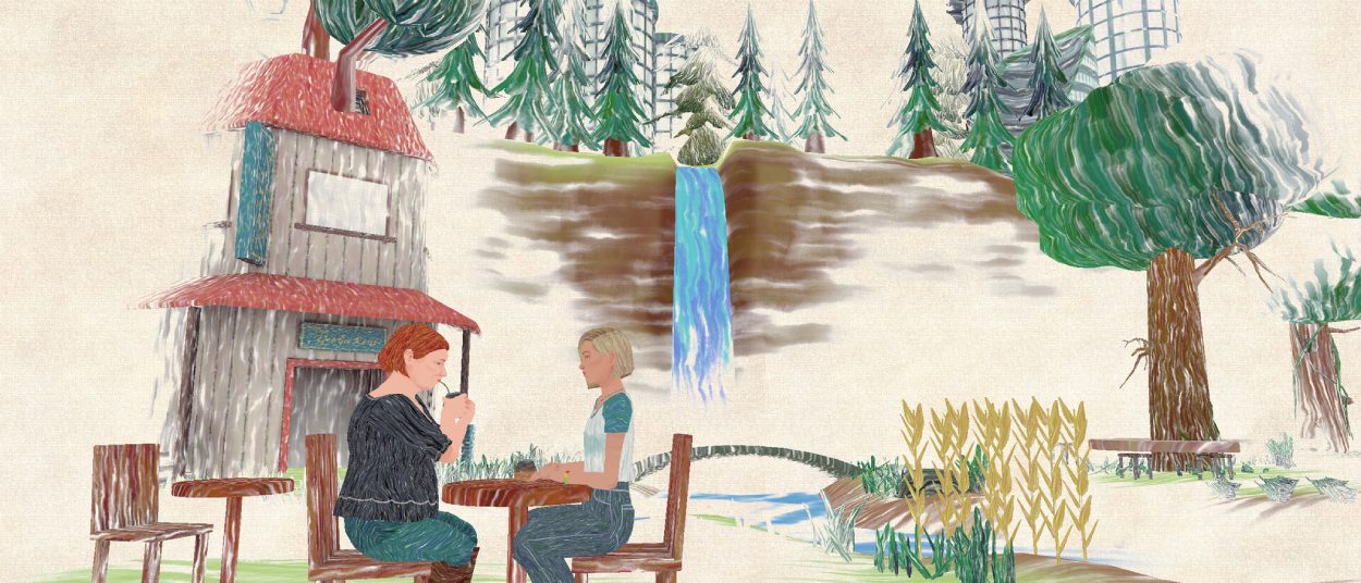 Zwei gezeichnete Frauen sitzen sich an einem kleinen Tisch gegenüber; hinter ihnen liegen ein Wasserfall, Bäume, ein Haus und hohe Gebäude in einer hellen Buntstiftlandschaft.