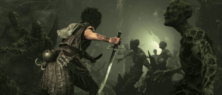Sophia steht in Resonance: A Plague Tale Legacy vor gewaltigen antiken Ruinen auf der geheimnisvollen Insel des Minotaurus.