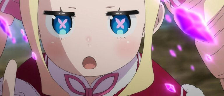 Beatrice blickt mit weit geöffneten blauen Augen nach vorn und hebt beide Hände. Um ihre Finger und Arme leuchten violette magische Splitter.