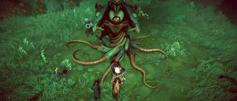 Eine Hexe aus Rise of the Spellbaker kämpft in einer farbenfrohen Märchenwelt und setzt dabei magische Backwaren und Zaubereffekte gegen Kreaturen ein.
