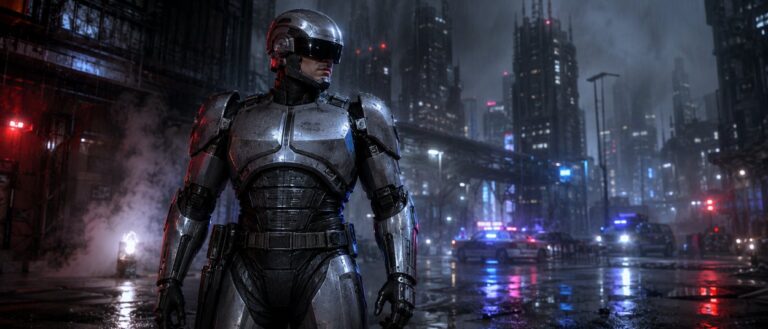 Ein schwer gepanzerter futuristischer Cyborg-Polizist steht nachts im Regen vor einer düsteren Großstadt, während im Hintergrund Polizeifahrzeuge mit Blaulicht warten.