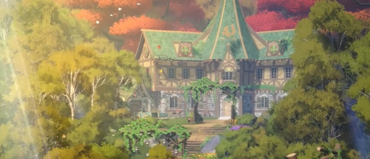Ein großes Fachwerkhaus mit grünem Spitzdach liegt zwischen herbstlich gefärbten Bäumen, üppigem Grün und einem Wasserfall in Rune Factory 6.