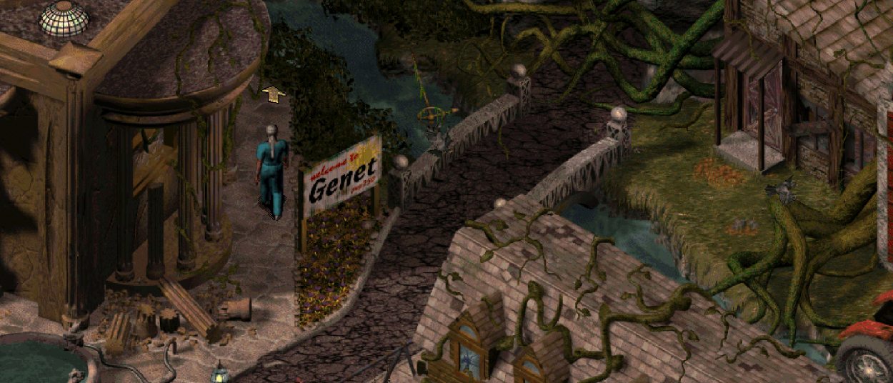 Die Spielfigur steht in einer düsteren isometrischen Umgebung des Horror-Adventures Sanitarium Enhanced zwischen verfallenen Gebäuden und surrealen Elementen.