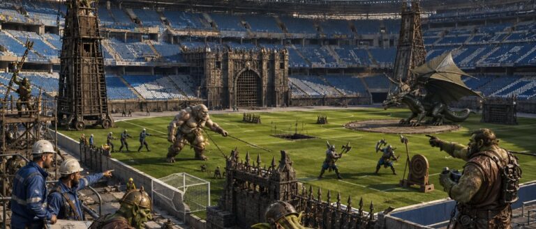 Eine riesige moderne Fußballarena wird um einen dritten Zuschauerrang erweitert, während Fantasy-Bauleute Falltüren, Belagerungselemente und einen breiten Zugang für einen Drachen vorbereiten.