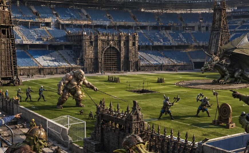 Eine riesige moderne Fußballarena wird um einen dritten Zuschauerrang erweitert, während Fantasy-Bauleute Falltüren, Belagerungselemente und einen breiten Zugang für einen Drachen vorbereiten.