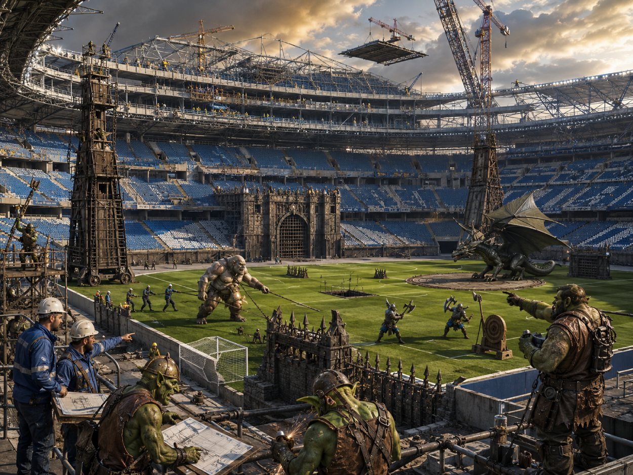 Eine riesige moderne Fußballarena wird um einen dritten Zuschauerrang erweitert, während Fantasy-Bauleute Falltüren, Belagerungselemente und einen breiten Zugang für einen Drachen vorbereiten.