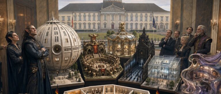 Vor einem eleganten präsidialen Gebäude präsentieren Beamte und Fantasy-Architekten einen monumentalen kugelförmigen Architekturentwurf, während im Hintergrund weitere absurde Schlossmodelle ausgestellt sind.