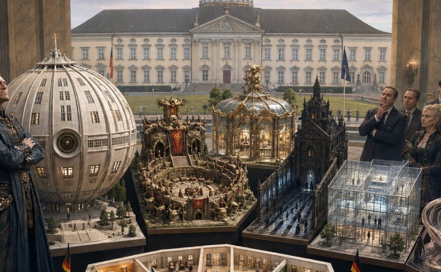 Vor einem eleganten präsidialen Gebäude präsentieren Beamte und Fantasy-Architekten einen monumentalen kugelförmigen Architekturentwurf, während im Hintergrund weitere absurde Schlossmodelle ausgestellt sind.