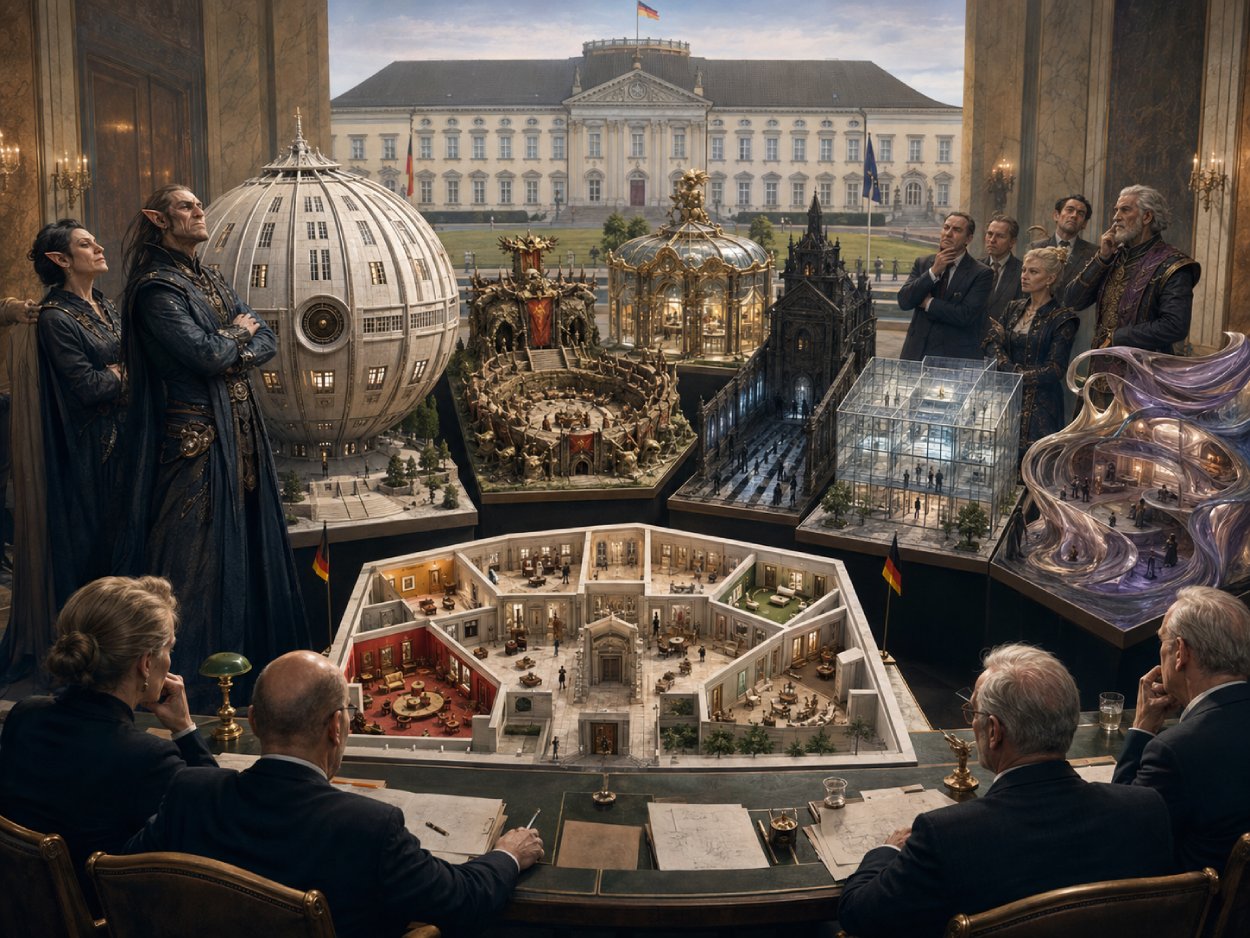 Vor einem eleganten präsidialen Gebäude präsentieren Beamte und Fantasy-Architekten einen monumentalen kugelförmigen Architekturentwurf, während im Hintergrund weitere absurde Schlossmodelle ausgestellt sind.