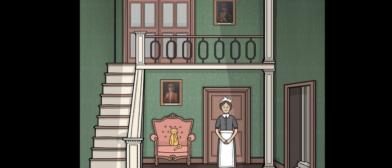 Eine Bedienstete in grauem Kleid und weißer Schürze steht in der grünen Eingangshalle eines alten Hauses neben einer Treppe und einem rosa Sessel, auf dem eine gelbe Katze sitzt.