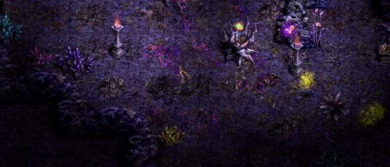 Eine Spielfigur kämpft in Shadow Dungeon in einer düsteren violett beleuchteten Fantasylandschaft gegen mehrere Kreaturen; am unteren Bildrand sind Lebens- und Manakugel sowie die Fähigkeitenleiste zu sehen.