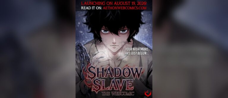Der schwarzhaarige Sunny blickt mit grauen Augen frontal nach vorn und hält eine schwere Kette in der Hand; unter ihm steht das rot-schwarze Logo von Shadow Slave.