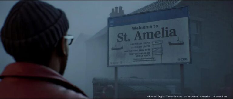 Simon Ordell blickt im dichten Nebel von St. Amelia auf ein großes Ortsschild mit Fährinformationen.