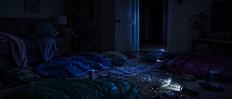 Mehrere Schlafsäcke liegen nachts in einem dunklen Wohnzimmer zwischen Snackresten, einem Brettspiel und einer Taschenlampe, während eine halb offene Tür in einen schwarzen Flur führt.