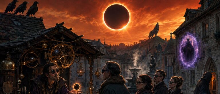 Unter einer fast vollständig verdeckten Sonne steht ein Magier an einem Verkaufsstand, während Menschen zum Himmel blicken und im Hintergrund eine Ziege aus einem Hauseingang schaut.
