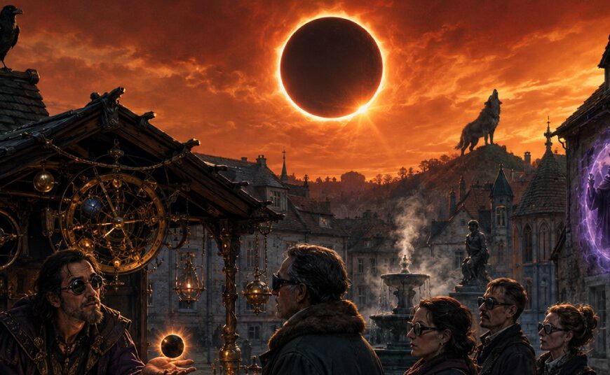 Unter einer fast vollständig verdeckten Sonne steht ein Magier an einem Verkaufsstand, während Menschen zum Himmel blicken und im Hintergrund eine Ziege aus einem Hauseingang schaut.