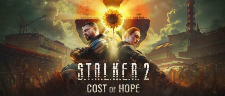 Zwei bewaffnete Männer stehen Rücken an Rücken vor Industrieanlagen der Zone; hinter ihnen leuchtet eine gelbe Anomalie unter einem dunklen Himmel, darunter steht der Titel S.T.A.L.K.E.R. 2: Cost of Hope.