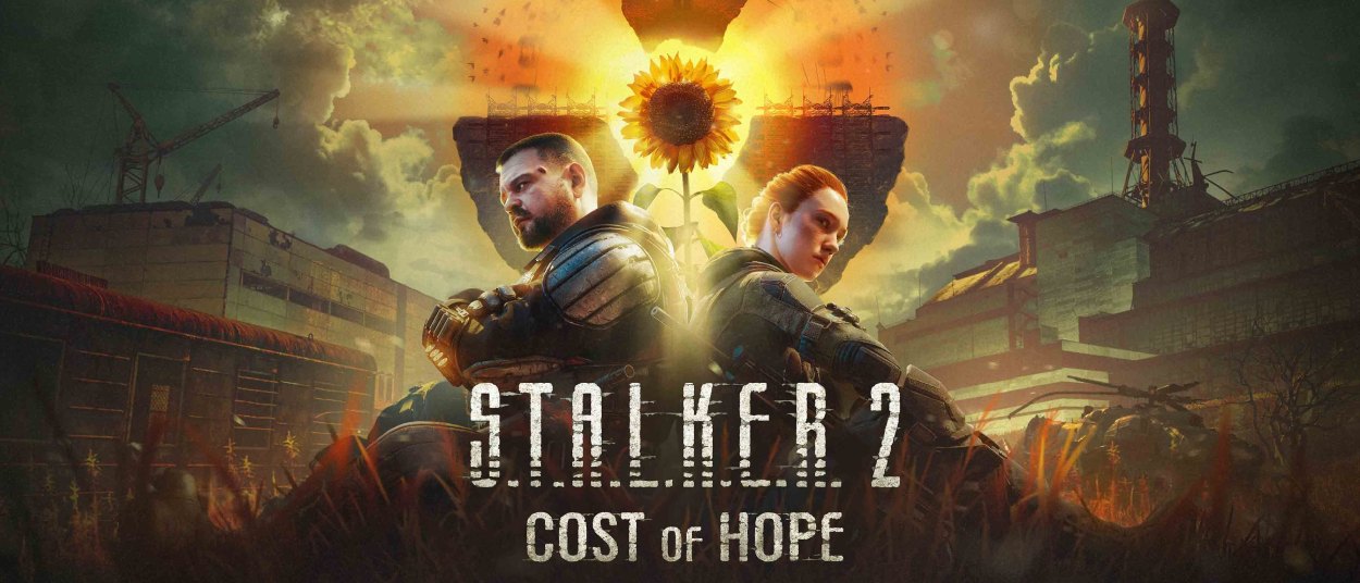 Zwei bewaffnete Männer stehen Rücken an Rücken vor Industrieanlagen der Zone; hinter ihnen leuchtet eine gelbe Anomalie unter einem dunklen Himmel, darunter steht der Titel S.T.A.L.K.E.R. 2: Cost of Hope.