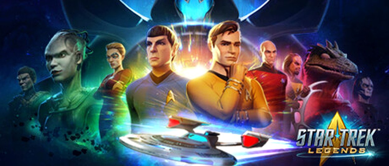 Kirk und Spock stehen im Zentrum einer Gruppe aus Star-Trek-Figuren. Vor ihnen fliegt ein weißes Raumschiff durch blau, grün und rot leuchtenden Weltraum.
