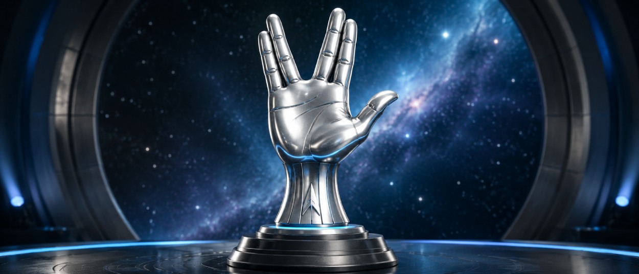 Eine silberne Trophäe in Form einer erhobenen Hand mit gespreizten Fingern steht auf einem Sockel vor einem sternenreichen Weltraumhintergrund.