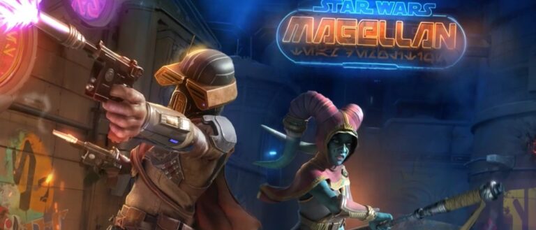 Eine blauhäutige Twi’lek-Figur und ein maskierter gepanzerter Kämpfer stehen vor einer Science-Fiction-Kulisse, während im Hintergrund mehrere TIE-Fighter fliegen.