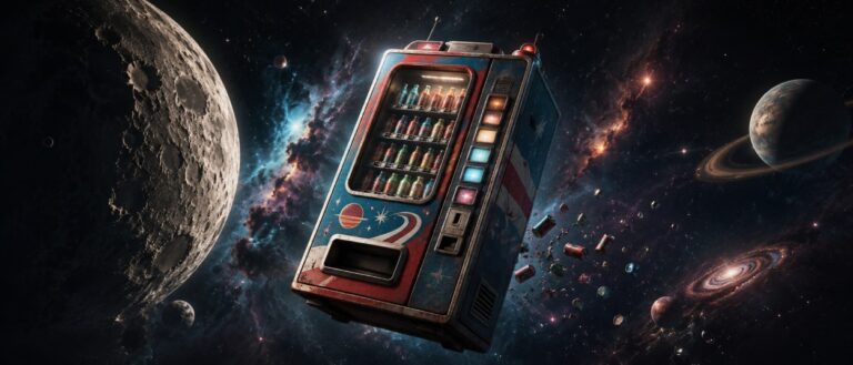 Ein alter Getränkeautomat schwebt frei durch den Weltraum, umgeben von Sternen, Planeten und verstreuten Dosen.