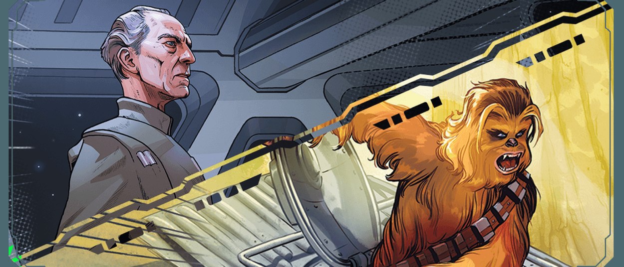 Großmoff Tarkin steht links in einem imperialen Kontrollraum, während Chewbacca rechts mit geöffnetem Maul in einer hellen Raumschiffumgebung zu sehen ist.