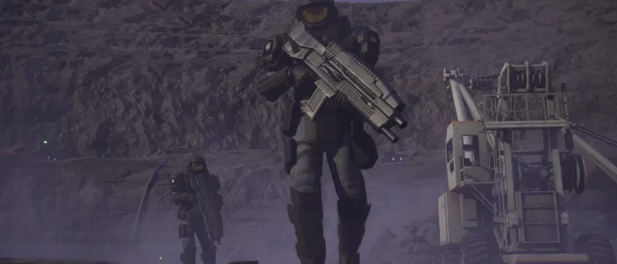 Zwei gepanzerte Mobile-Infantry-Soldaten bewegen sich mit Gewehren durch eine staubige industrielle Anlage auf X-11.