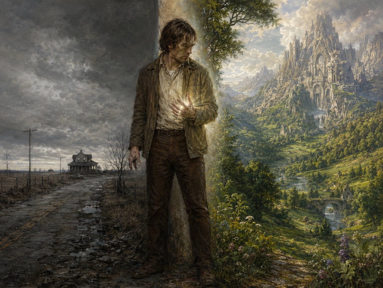 Thomas Covenant steht mit leuchtendem Weißgoldring zwischen einer trostlosen amerikanischen Landstraße und der überwältigend grünen Fantasywelt des Landes.