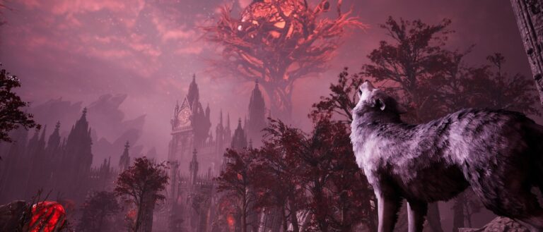 Ein großer grauer Hund steht auf einem Felsen vor einer dunklen gotischen Fantasylandschaft, über der ein riesiges rot leuchtendes Gebilde schwebt.