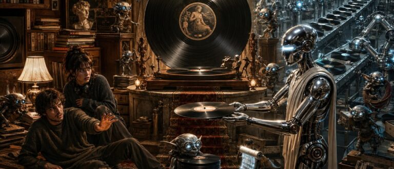 Satirische Fantasy-Illustration: KI-Roboter und Goblins bringen massenhaft Schallplatten in ein analoges Musikzimmer, während zwei junge Menschen vor der digitalen Invasion zurückweichen.