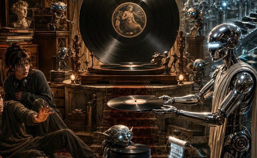 Satirische Fantasy-Illustration: KI-Roboter und Goblins bringen massenhaft Schallplatten in ein analoges Musikzimmer, während zwei junge Menschen vor der digitalen Invasion zurückweichen.
