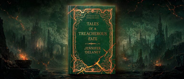 Das grüne Cover von Tales of a Treacherous Fate von Jennifer Delaney ist von kupferfarbenen Ornamenten, Totenschädeln und leuchtenden orangefarbenen Rissen umgeben.