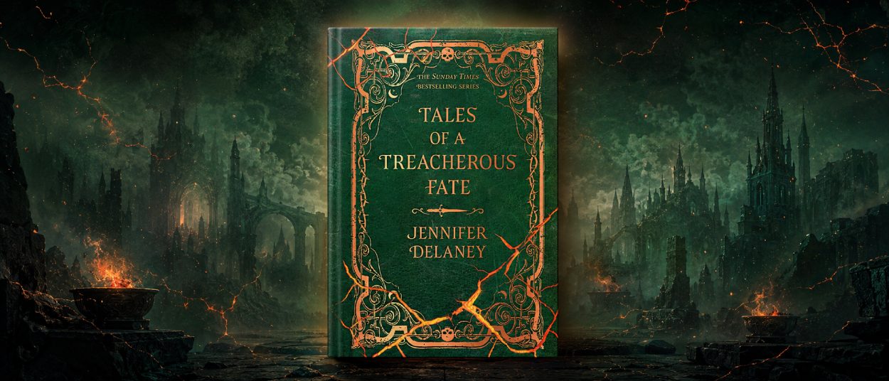 Das grüne Cover von Tales of a Treacherous Fate von Jennifer Delaney ist von kupferfarbenen Ornamenten, Totenschädeln und leuchtenden orangefarbenen Rissen umgeben.