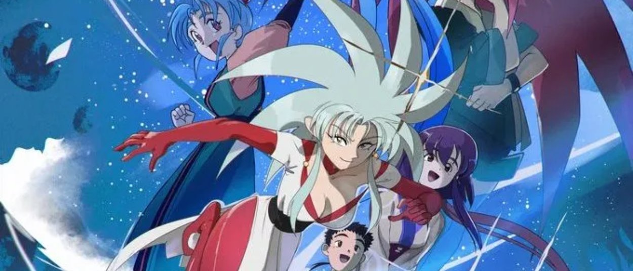 Mehrere Anime-Figuren schweben beziehungsweise bewegen sich vor einem blauen Weltraumhintergrund mit Sternen und einem fernen Himmelskörper; im Zentrum steht eine weißhaarige Frau mit roten Handschuhen.