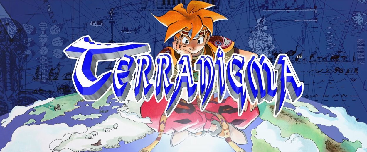 Ark steht mit seinem Speer über einer farbenfrohen Weltkarte aus roten, blauen und weißen Landschaften im offiziellen Artwork zu Terranigma.
