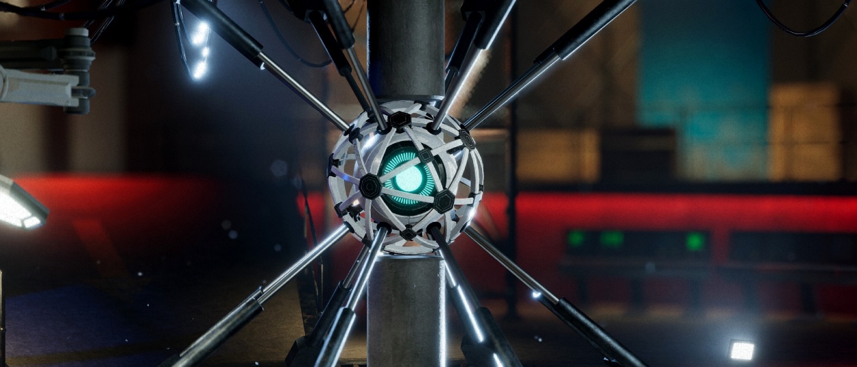 Ein weißer kugelförmiger Roboter mit türkis leuchtendem Kern hängt zwischen Metallstreben in einer dunklen futuristischen Industrieanlage.