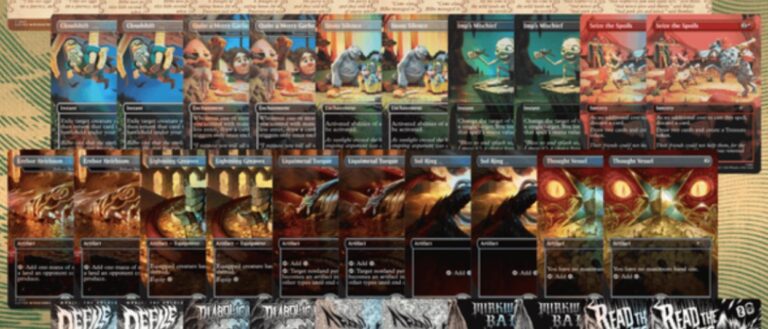 Zentral zeigt eine grüne Secret-Lair-Produktgrafik zahlreiche Hobbit-Karten und Food Tokens unter dem Schriftzug A Marvelous Mathoms Superdrop; seitlich setzen sich weich unscharfe Ausschnitte derselben Grafik fort.