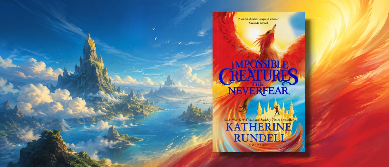 Das Cover von The Neverfear zeigt einen großen rot-orangefarbenen magischen Vogel mit ausgebreiteten Flügeln über einer blau-gelben Fantasylandschaft.