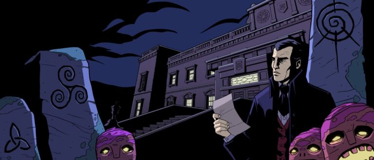 Ein düsterer Raum des viktorianischen Blake Manor mit Gästen und übernatürlicher Atmosphäre im handgezeichneten Comicstil des Spiels.
