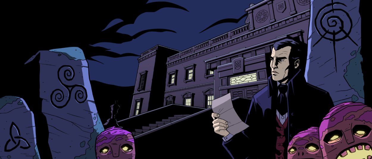 Ein düsterer Raum des viktorianischen Blake Manor mit Gästen und übernatürlicher Atmosphäre im handgezeichneten Comicstil des Spiels.