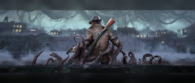 Ein Mann mit Gewehr steht hüfttief im dunklen Wasser vor einer nebligen Stadt, während mehrere große Tentakel seinen Körper umschlingen.