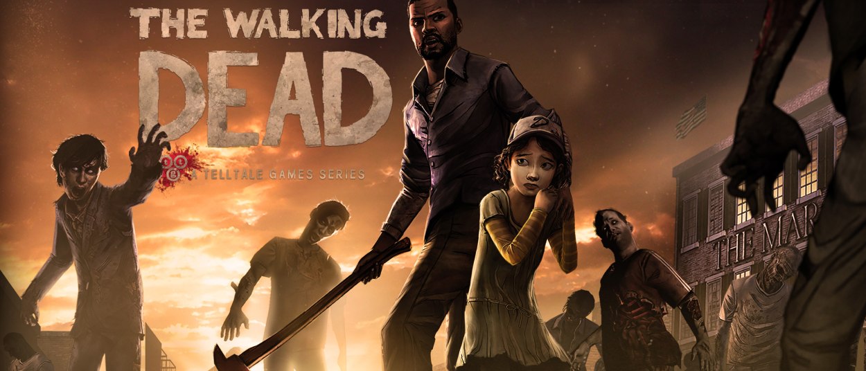Lee Everett steht mit einer Axt mehreren Untoten gegenüber; rechts ist das große schwarze Logo von The Walking Dead vor einem hellen Himmel zu sehen.