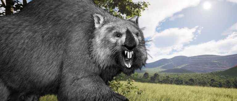 Ein großes graues, wombatähnliches Fantasytier mit kräftigem Körper, langem Fell und großen Schneidezähnen läuft durch eine sonnige Wiesenlandschaft; unter seinem Bauch ist ein Jungtier zu erkennen.